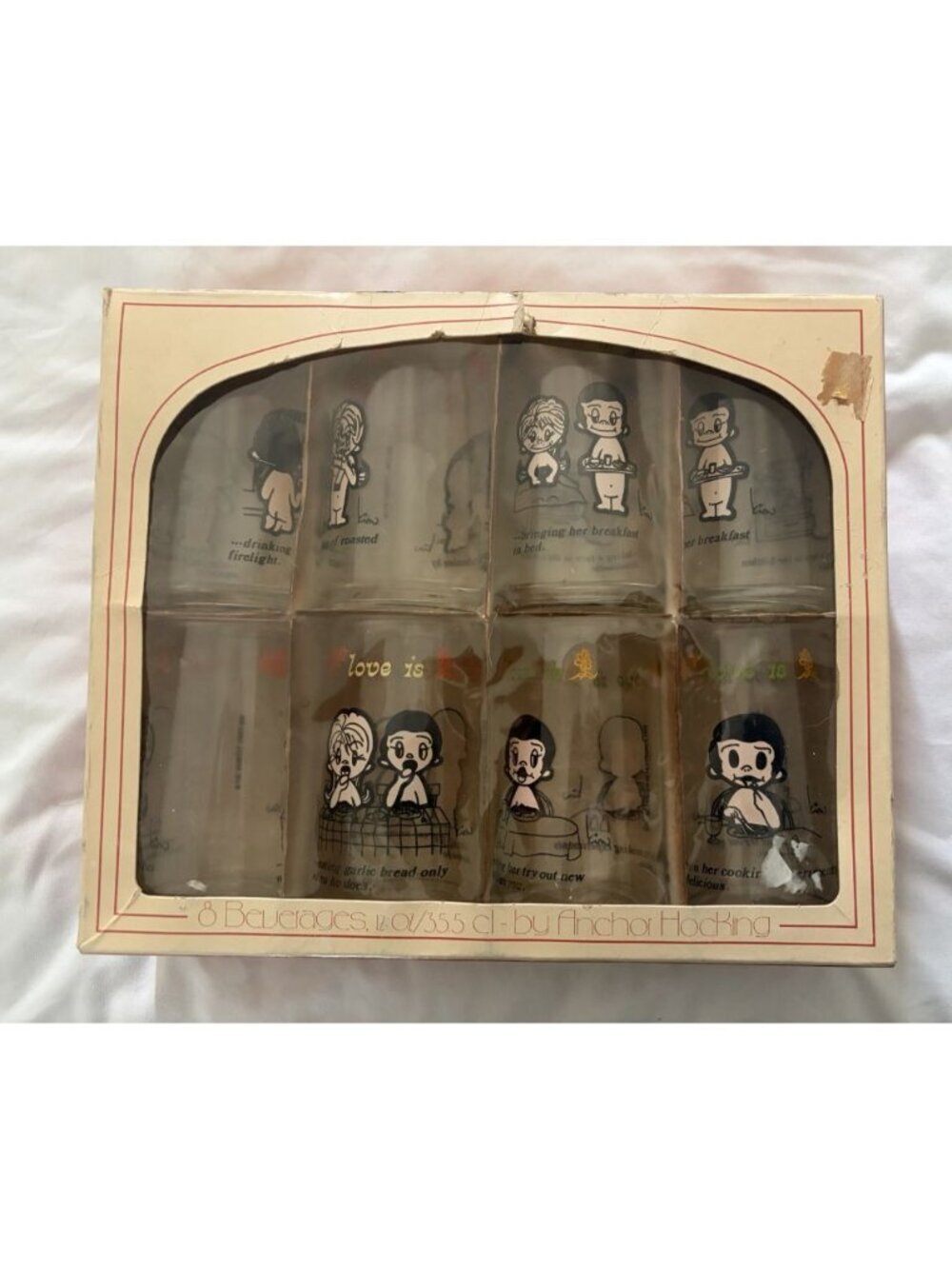 Vintage Anchor Hocking 1976 Kim Casali LA Times Love Is 8 Pc Set 12oz Glass Cups